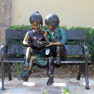 Outdoor Garden Decorative Boy And Girl Sitting On Bench Reading Book Child Bronze Sculptures