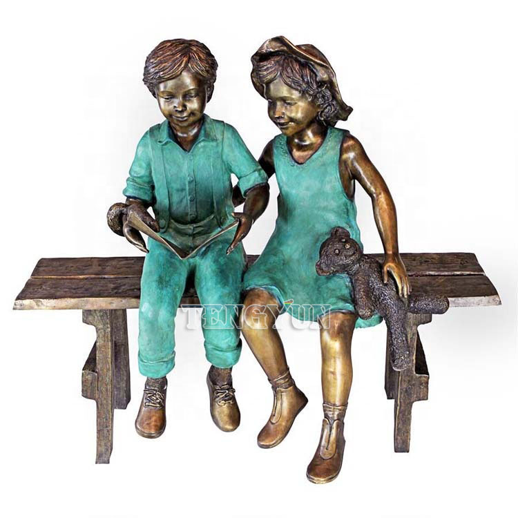 Boy and girl reading book on bench bronze sculptures children statue (3)