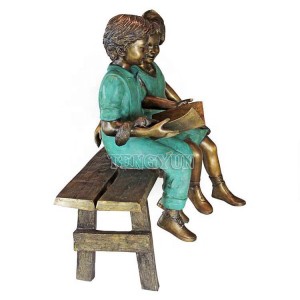 Garden Outdoor Decorative Life Size Brass Metal Children Sitting On Bench Statue Child Bronze Reading Sculpture
