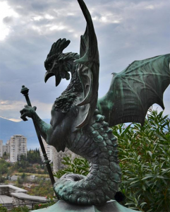 Custom Made Medieval Bronze Dragon Statue In Trsat Castle Large Outdoor Mythological Animal Sculpture