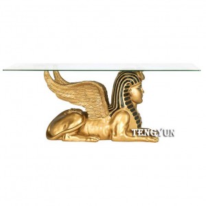 Golden Color Egypt The Great Sphinx With Big Wings Statue Base Coffee Table With Tempered Glass