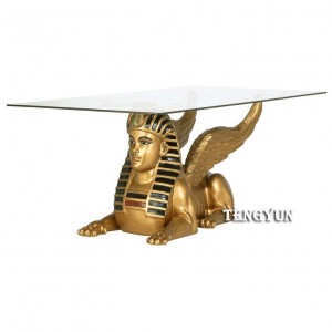 Home Decorative Egyptian Three head Sphinx Bronze Sculpture Coffee Table With Glass Top