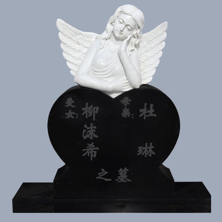 Custom Tombstone White Marble Angel Statue With Black Granite Heart Shap Heastone For Cemetery (1)