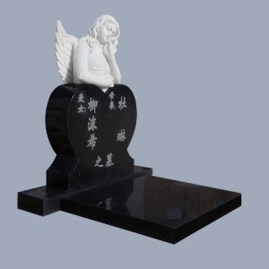 Custom Tombstone White Marble Angel Statue With Black Granite Heart Shap Heastone For Cemetery