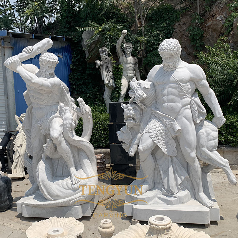 Custom famous greek sculpture white marble Hercules fighting Hydra statue Hercules and Cerberus  (2)