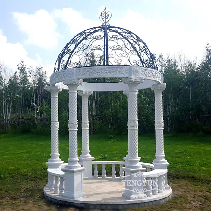 Custom made white marble gazebo with metal roof (3)