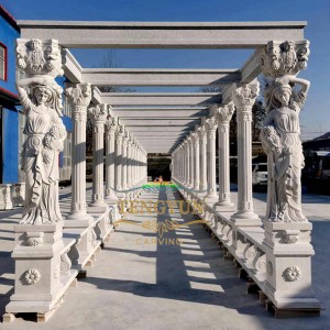 Large Size Grand Hand Carved Marble Corridor Gazebo With Ladies Statues And Greek Pillars