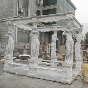 White marble lady statue and sunset red marble roman pillars stone pergola for sale