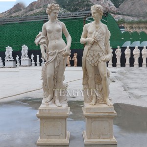 Garden Pair Of Marble Lady Statues With Flowers And Grapes For Outdoor Decoration