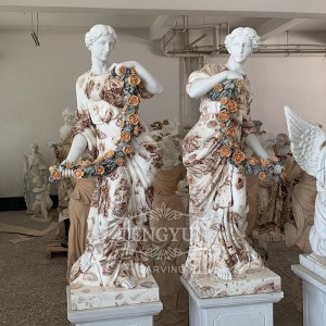 Pair of natural marble flower lady statues life size female stone carvings