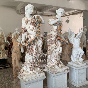 Pair of natural marble flower lady statues life size female stone carvings