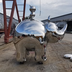 Garden Decorative Large Size Mirror Polished Stainless Steel Abstract Animal Sculpture Rhino With Bird