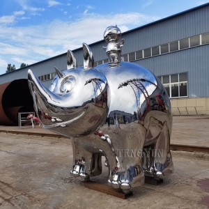 Garden Decorative Large Size Mirror Polished Stainless Steel Abstract Animal Sculpture Rhino With Bird