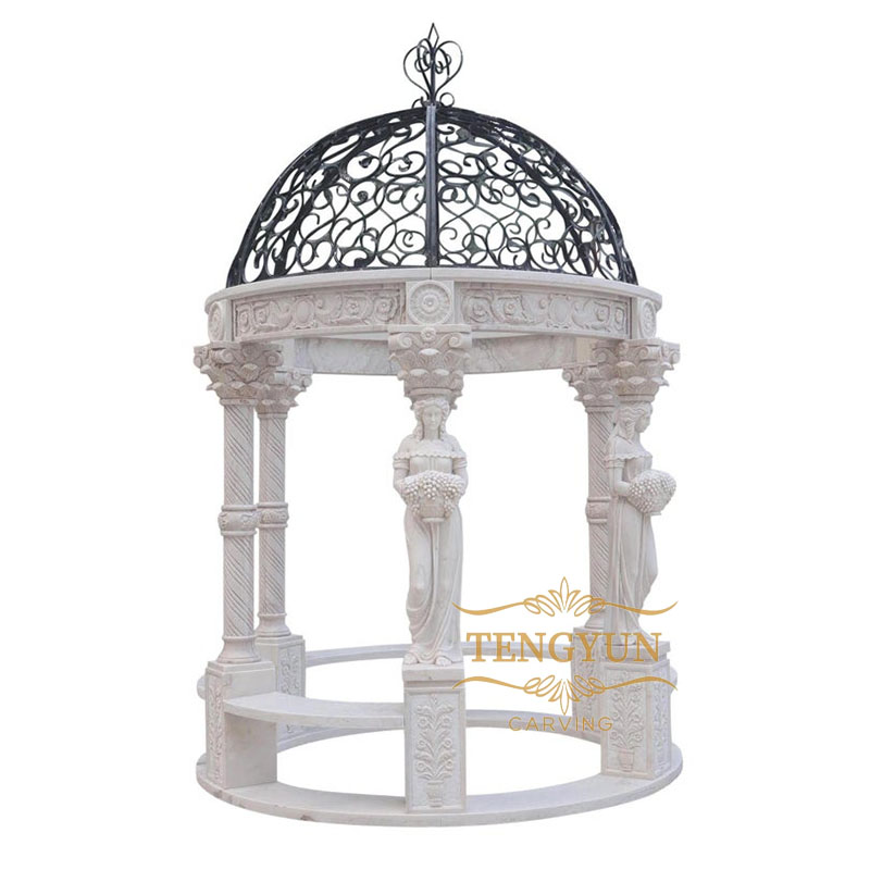 High Quality Outdoor Garden Decor Greek Style Marble Statue And Column Pavilion Gazebo With Iron Dome