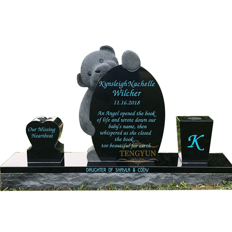 Hear shape headstone designs with little bear carving black granite baby headstones (1)
