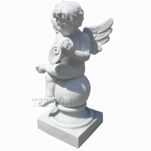 Natural White Marble Nude Boy Angel Statue With Conch Sculpture Little Angel Water Fountain