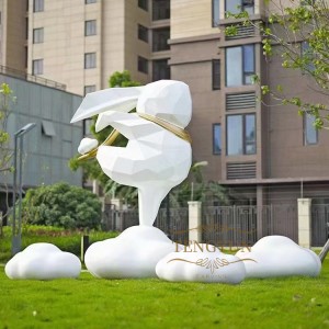 Garden Outdoor Decor Large Size Abstract Geometric Animal Rabbit Sculpture Stainless Steel Hare Statues With Cloud For Sale