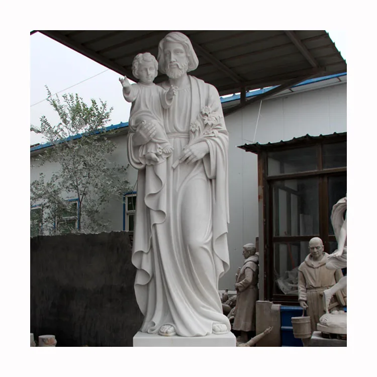 Large Christian Sculpture Religious White Marble St. Joseph Holding Baby Jesus Statue