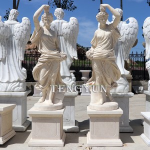 Garden Pair Of Marble Lady Statues With Flowers And Grapes For Outdoor Decoration