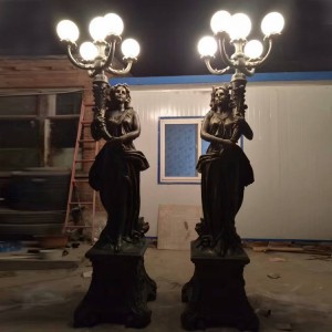 Outdoor Decorative Pair Of Fiberglass Large Size Ancient Female Statue Lamp Sculpture For Sale