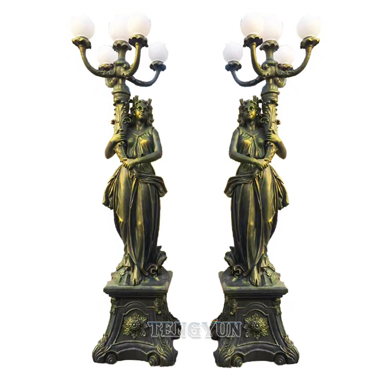 Outdoor Decorative Pair Of Fiberglass Large Size Female Statue Lamp Sculpture For Sale