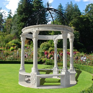 Big Size Square Decor Natural White Marble Round Pavilion With Iron Metal Roof Top For Sale