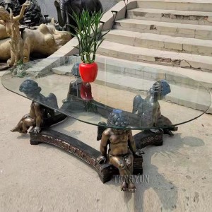 Home Decorative Bronze Cast Small Angel Statues Base Oval Glass Top Tea Table Coffee Table