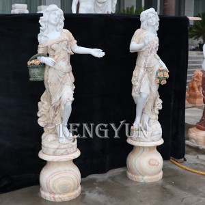 Home Decorative Small Size Lady Statues With Basket And Flower Marble Decorative Girl Statue