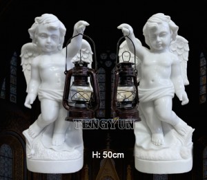 Home Decorative Hand Carved White Marble Cherub With Lamp Stone Angel Statues For Sale