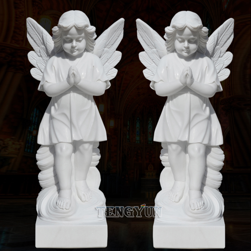 White Marble Guardian Cherub Statues Church Door Pair Of Stone Prayer Little Angel Statues For Sale (8)
