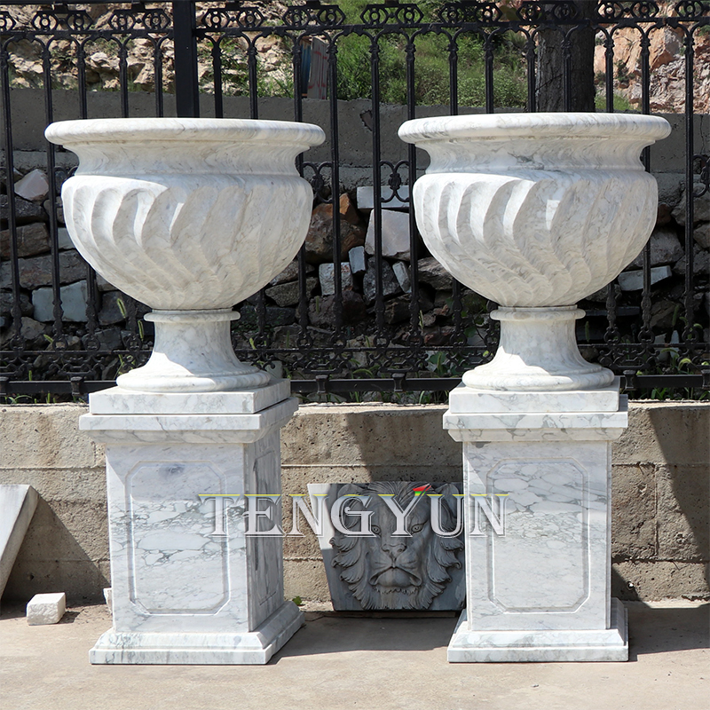 Garden Decorative Carved Stone Sculpture Marble Carving Flowerpot For Outdoor Decoration