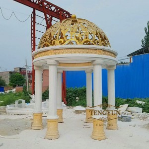 China Factory Custom Made Natural White Marble And Travertine Carved Pavilion With Glod Dome Top