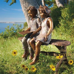 Life Size Bronze Children Sitting On A Bench Reading Sculpture For Sale