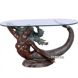 Indoor Metal Brass Sea-Maid Turtle Statue End Table Copper Mermaid Statue Base Sea Grass Glass Top Coffee Table Bronze Sculpture