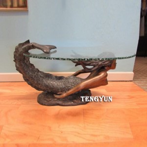 Bronze Mermaid Sculpture With Round Glass Top End Table Coffee Table For Sale
