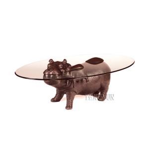 Living Room Decorative Bronze Hippo Sculpture Base Coffee Table With Round Glass Top