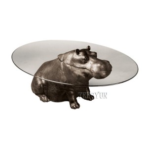 Living Room Decorative Bronze Hippo Sculpture Base Coffee Table With Round Glass Top