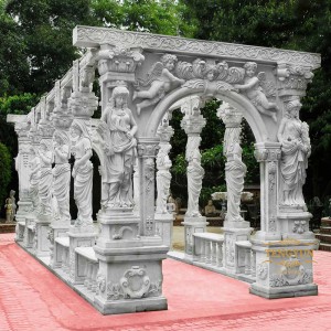 White marble lady statue and sunset red marble roman pillars stone pergola for sale