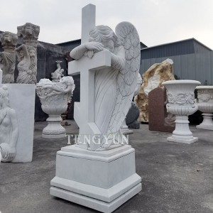 Factory Outlets Cemetery Angel Statue Life Size White Marble Stone Weeping Angel Statues with Wings