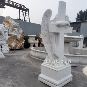 Hot Sale White Marble Cross Angel Sculpture Kneeling Weeping Stone Decorative For Cemetery