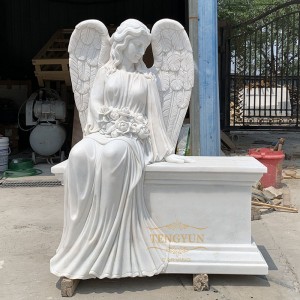 Cemetery Decorative White Marble Sitting Sad Angel Black Granite Angel Tombstone