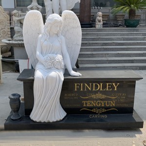 Cemetery Decorative White Marble Sitting Sad Angel Black Granite Angel Tombstone