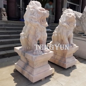 Garden Decorative Marble Lion Statue Pair Of Roaring Stone Carving Lion Sculpture For Sale