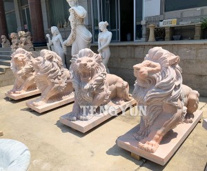 Chinese Stone Lion Sculptures Pair Of Outdoor Decor Hand Carved Garden Animal Ornaments