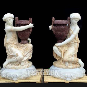 Marble Planters Natural Pair Of Stone Statuary Lady Statue Holding Flower Pots