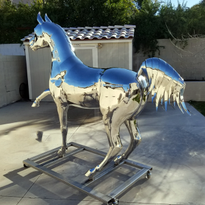 Life size stainless steel horse sculpture