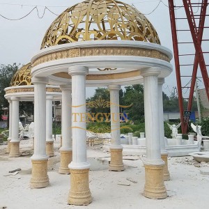 China Factory Custom Made Natural White Marble And Travertine Carved Pavilion With Glod Dome Top
