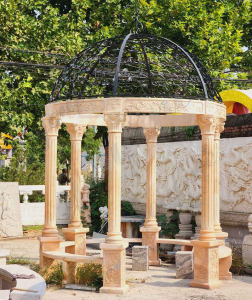 Cheap Price Roman Column Garden Pavilion Stone Beige Marble Gazebo With Metal Roof
