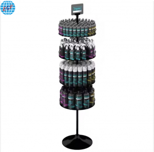 Retail Store High-Quality Four-Tier Metal Rotating Display Stand for Toys, Snacks, Drinking Bottles, Shower Gel, Spray Cans, with Circular Base, Black, Customizable