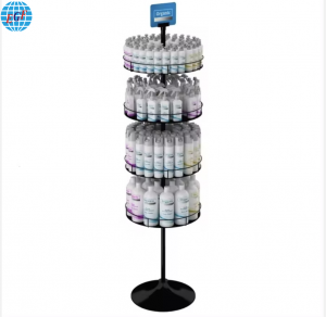 Retail Store High-Quality Four-Tier Metal Rotating Display Stand for Toys, Snacks, Drinking Bottles, Shower Gel, Spray Cans, with Circular Base, Black, Customizable